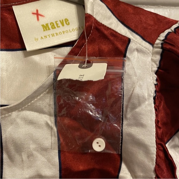 Anthropologie Maeve Maria Balloon Sleeve Striped Satin Blouse Red White 0 New - Picture 3 of 5